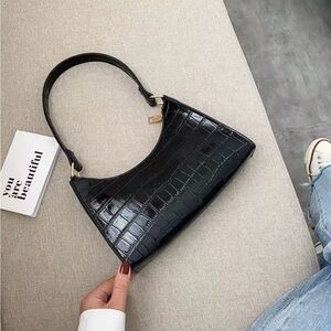 Black Croc-Embossed Shoulder Bag